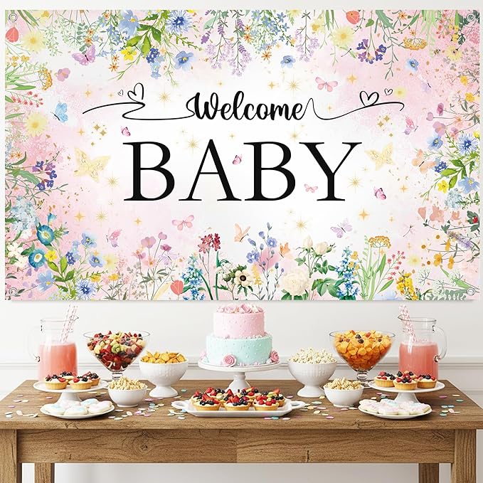 Wildflower Baby Shower Decorations Banner - Floral Welcome Baby Backdrop Party Supplies, Flower Theme Photo Background for Birthday Baby Shower Gender Reveal (72.8 x 35.4 inch)