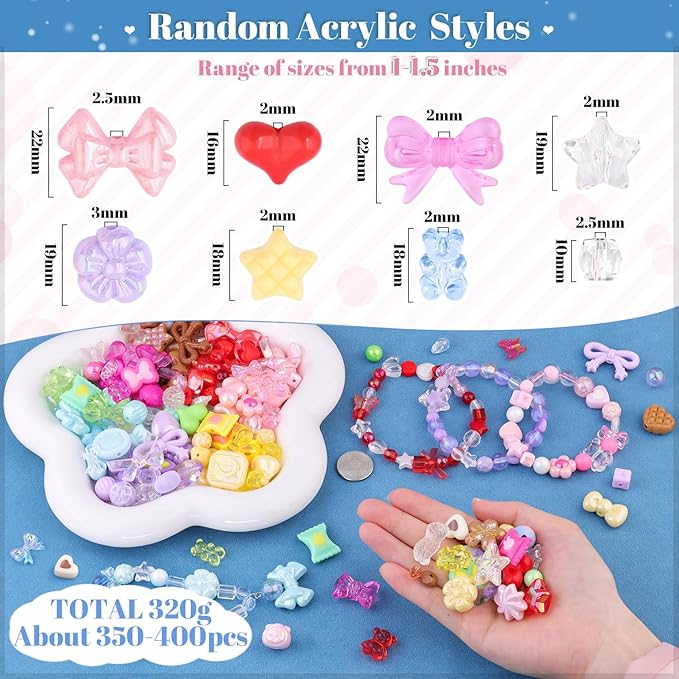 Assorted Acrylic Beads, 500-550PCS 8 Colors Series Cute Beads for Bracelet Making, GummyBear Bow Candy Kawaii Charms for Jewelry Making DIY Necklace Keychain Phone Charm Christmas Gift