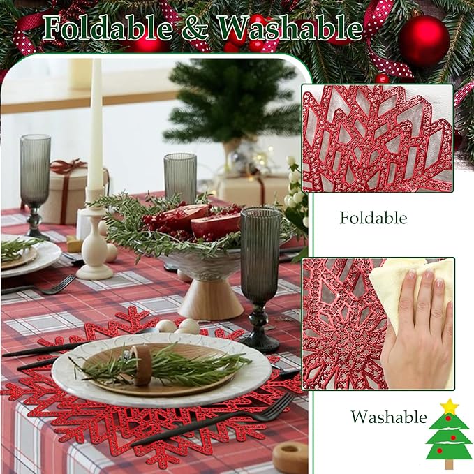 Snowflake Placemats Set of 6, Washable Christmas Placemats Snowflake Tablemats Hollow Out Round Vinyl Place Mats for Dining Table Setting Kitchen Table Mats Christmas Decoration(Red Snowflake)
