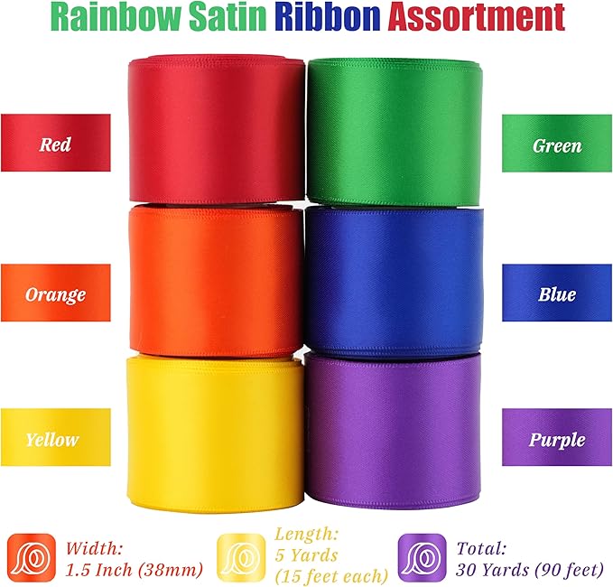 Rainbow Ribbon 1.5 Inch Double Face Satin Polyester 6 Rolls 30Yards Rainbow Colored Satin Ribbon for Wedding, Baby Shower, Birthday Party Decoration