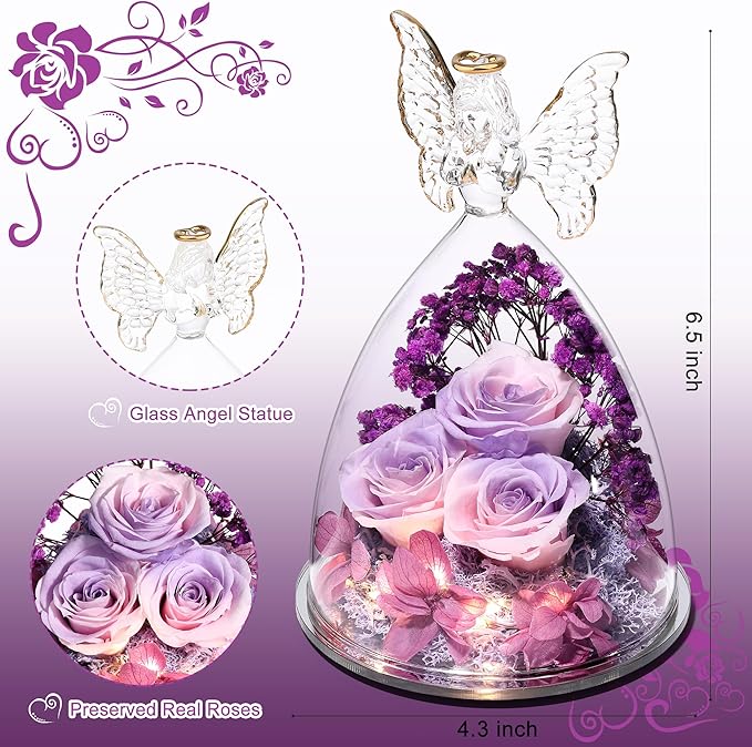 Christmas Rose Gifts for Women Preserved Real Flower in Glass Angel Figurines Roses for Delivery Prime Birthday Gifts for Mom Grandma Girlfriend Wife Her, Pinkpurpurple