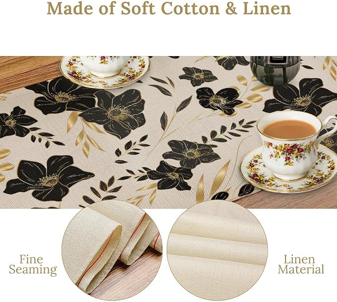 Black Gold Floral Table Runner, Mordern Minimalist Luxury Golden Floral Leaves Print Table Runner for Indoor Outdoor Home Decor Party Decor, 13x60inch