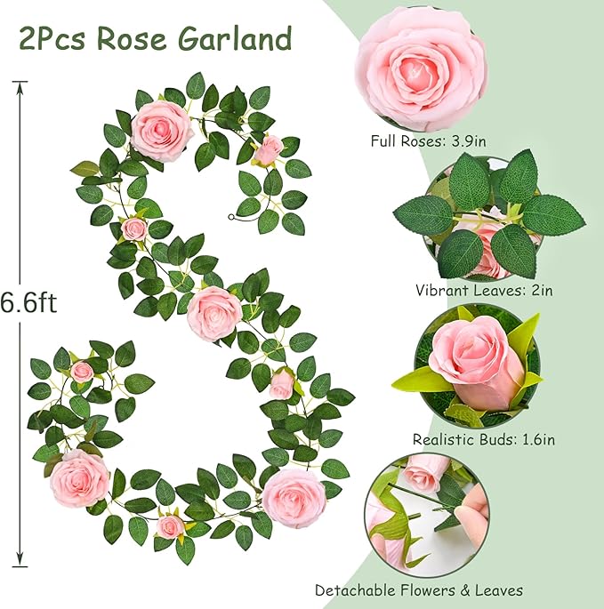 2 Pcs Flower Garland with 19.6 Ft Lights, 13.2 Ft Pink Floral Garland Fake Flowers for Wedding Arch Party Wall Garden Room Decor