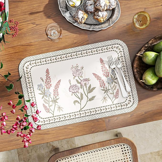 ISAENNE PVC Placemats Set of 6,Rectangular Floral Placemats, Waterproof and Heat-Resistant Place Mats,Decoration for Kitchen, Dinning, Parties, Holiday,12"*17"