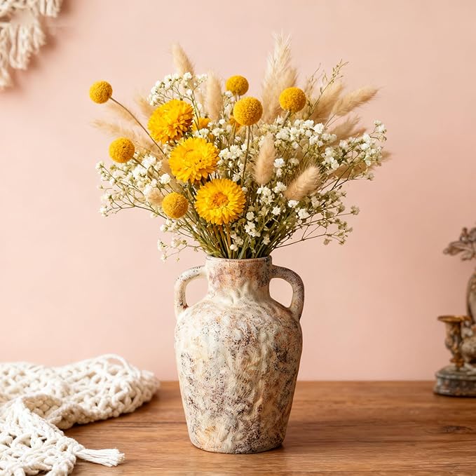 Vintage Wabi Sabi Ceramic Vase – 7.87 Inch Farmhouse Flower Vase with Handle, Rustic Decorative Pot for Entryway, Shelf, Floral Arrangement, Boho Home Decor