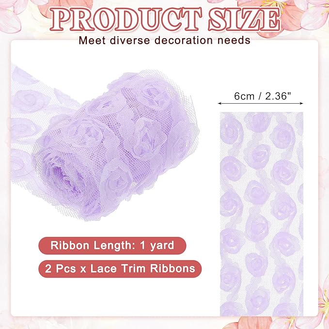 uxcell 2PCS Lace Trim Ribbon, 2.36 inch - 1 Yard 3D Rose Floral Embroidery Ribbons Edge Trimming for Sewing, Wedding Dress, DIY Crafts, Decoration Accessories, Light Purple