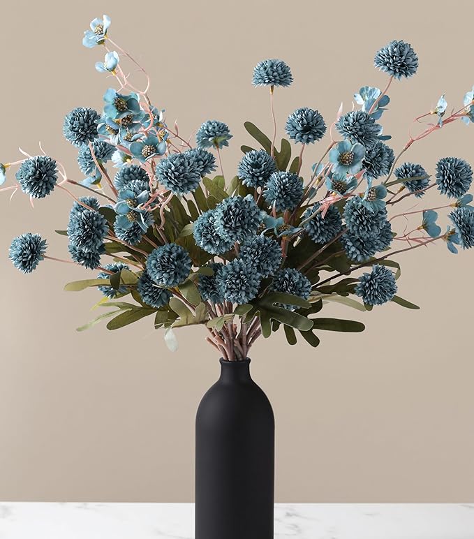 HyeFlora Fake Kiku Flowers,Faux Silk Pompon Mums 40heads Artificial Flowers,Chrysanthemum Stems Floral Arrangement Dried Flowers Vintage Decorative Indoor Home Vase Decor Blue with Wax
