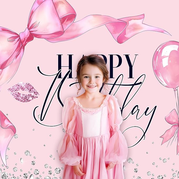 Pink Bow Happy Birthday Backdrop 7Wx5H Photography Bowknot Balloons Coquette Birthday Lips Diamond Balloons Background Woman Bachelorette Party Decorations Banner Photo Booth Props Supplies