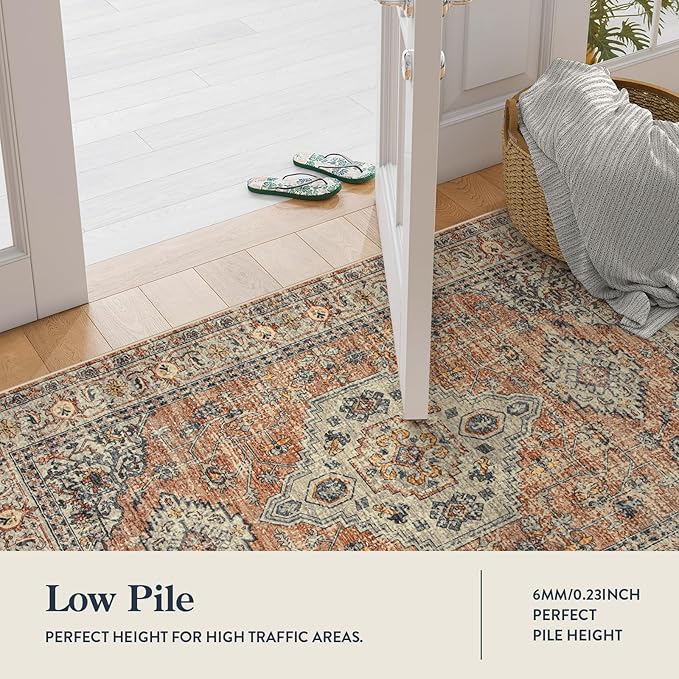 Lahome Oriental Washable Runner Rug, 2x6 Runner Rugs for Hallway Kitchen, Ultra-Thin Distressed Vintage Soft Long Carpet for Bathroom Bedroom Laundry Room, Peach/Orange