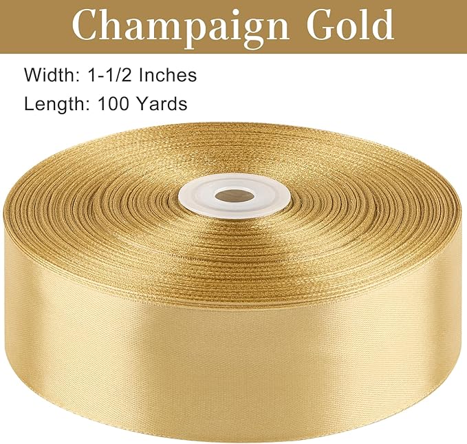 1-1/2 Inches 100 Yards Champaign Gold Satin Ribbon, Solid Fabric Ribbon Roll for Flower Bouquets, Gift Wrapping, Wedding, Handmade Crafts