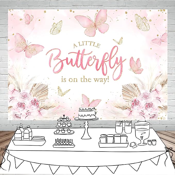Mocsicka Butterfly Baby Shower Backdrop for Girl's A Little Butterfly is on The Way Pink Florals Flowers Photography Background Princess Girl Party Decoration Photography Props (7x5ft, Pink)