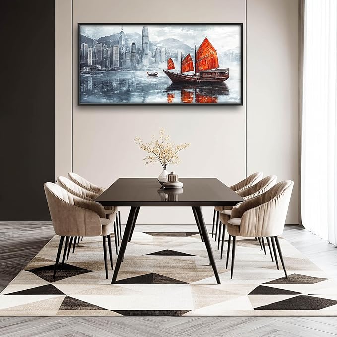 Cityscape Boat Large Wall Art Sailboat Pictures Wall Decor Coastal Canvas Ocean Nautical Print Painting Modern Artwork Home Decoration for Living Room Bathroom Bedroom Office Framed 60"x30"
