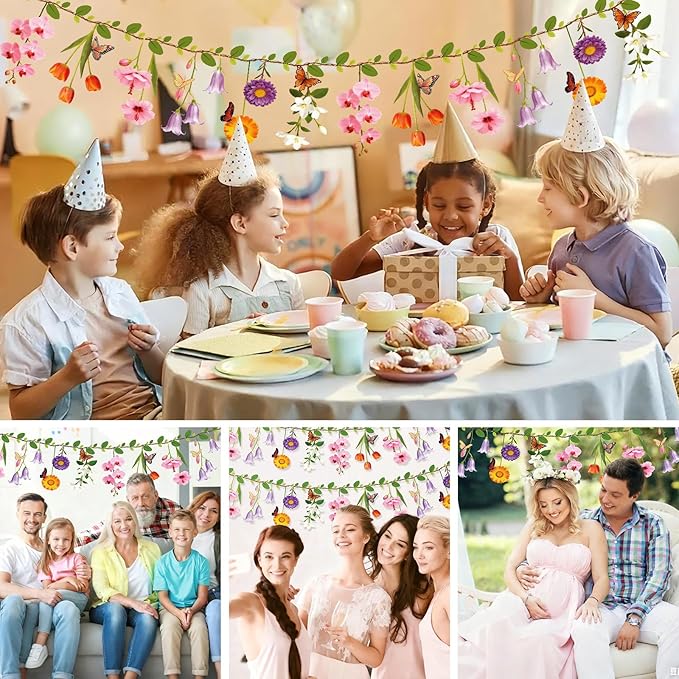 2PCS Flower Banner Reusable Wildflower Garland Floral for Spring Party Enchanted Garden Theme Picnic Wedding Baby Shower Birthday Tea Party Christmas Supplies Home Decorations