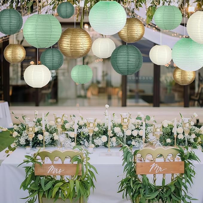 Paper Lanterns Decorative, Gradient Sage Green Round Hanging Paper Lantern Decorations for Wedding Bridal Shower Graduation Anniversary Sage Green Birthday Party, 15Pcs