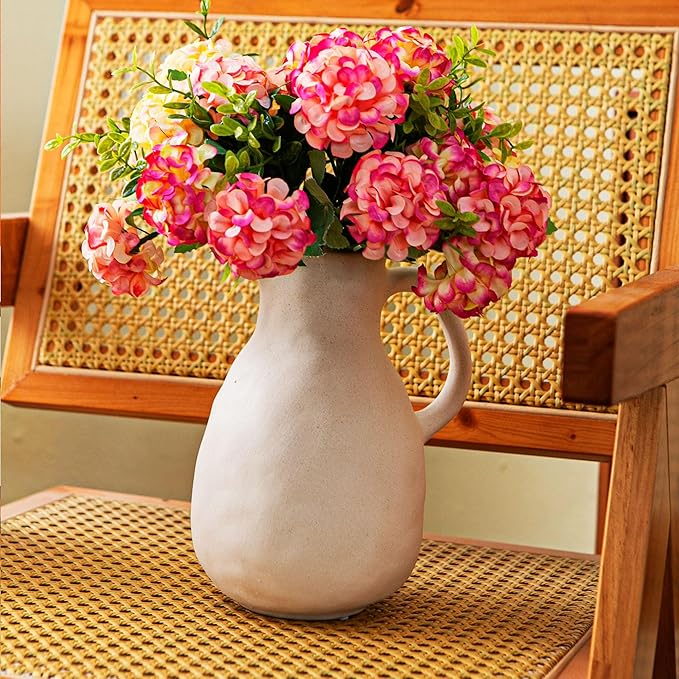 Off White Ceramic Vase with Handle, Pitcher Vases for Modern Farmhouse Home Decor, Small Pottery Flower Jug for Living Room Bedroom Kitchen Office Shelf Decor Centerpiece Table Decoration