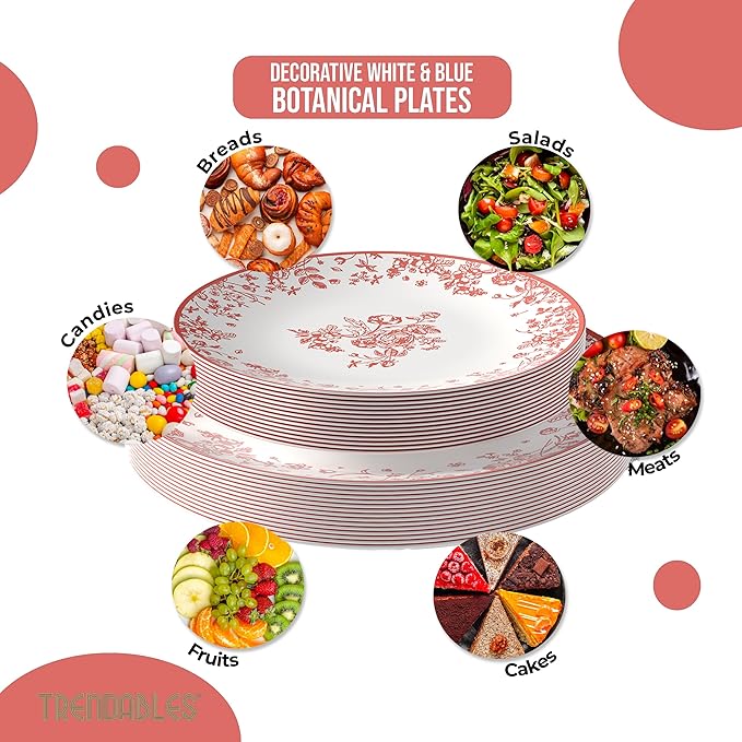 Trendables Plastic Plates For Party Supplies, Floral Disposable Plates For Party & Weddings 40 Pcs - 20 x 8 Dessert Plates & 20 x 10 Plastic Dinner Plates, Plate Set Disposable Dinnerware Sets