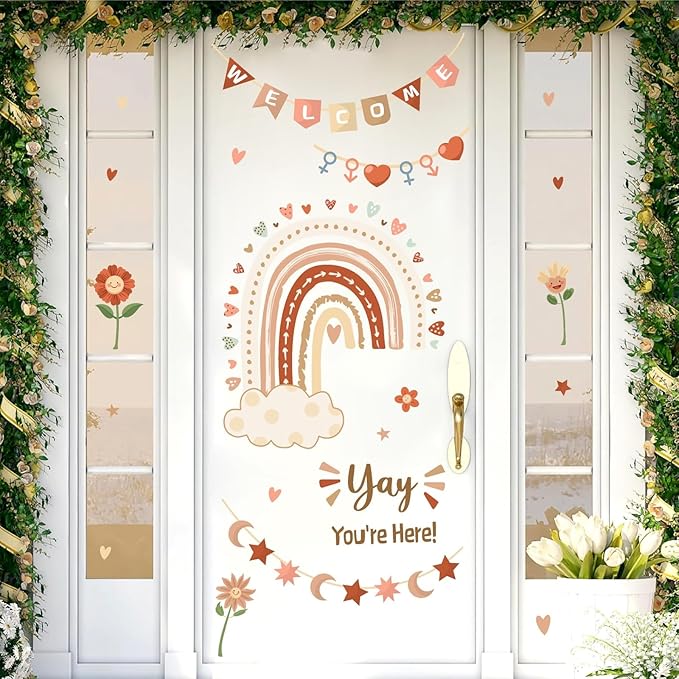 Welcome Classroom Welcome Signs Decals Boho Rainbow Bulletin Board Vinyl Stickers Peel and Stick Kids Nursery Decals for Front Door Wall Decors Yay You're Here Decor for Daycare Toddler Teacher Supply