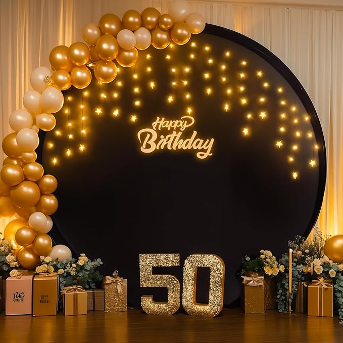 6.6 FT Black Round Backdrop Cover with Lights String for Circle Arch Stand Circle Backdrop Covers with LED Fairy Lights for Wedding Arch Baby Shower Birthday Party Photo Shoot Photography Background