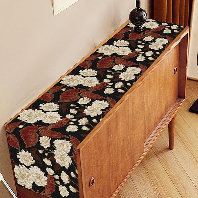 Boho Floral Table Runner, Black White Minimalist Vintage Rustic Flower Botanical Leaf Print Table Center Decor for Family Kitchen Table Decorations Indoor Outdoor 13x72 inch