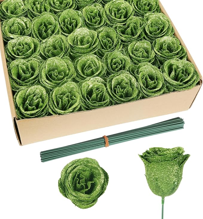 Artificial Roses,30PCS Green Glitter Flowers Faux Roses with Stems for Wedding Bouquet Party Christmas Home Decor(Green)