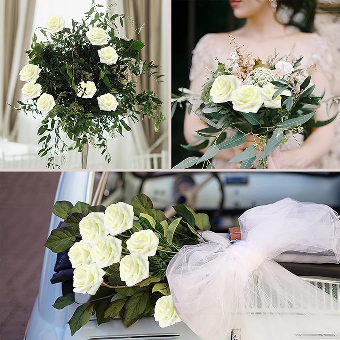 200PCS Milk White Artificial Flowers Roses Real Looking Foam Fake Roses with Leaves for DIY Wedding Bouquets Bridal Shower Party Decorations (Ivory, 200)
