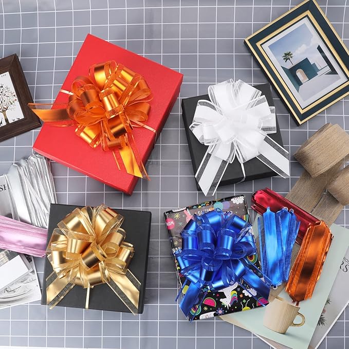 12 Pieces Pull Bow Wrapping Pull Bow Ribbon Pull Bows for Wedding Baskets,6 Inches Diameter Gift Bows, Large Bows for Presents. (Silver)