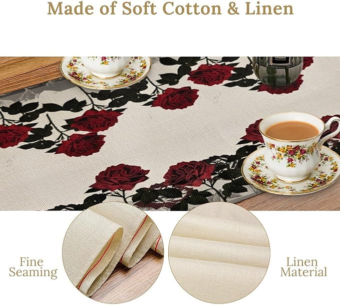 Red Rose Print Table Runner, Romantic Vintage Rose Summer Dark Flower Dinner Runner Table Decoration for Home Kitchen Dining Holiday Wedding Party 13x36in