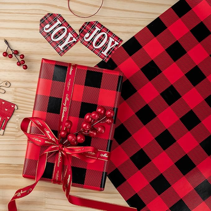 WRAPAHOLIC 30 Inch Christmas Wrapping Paper Roll - Black and Red Plaid Design for Christmas, Holiday, Party, Celebration - 30 Inch x 33 Feet
