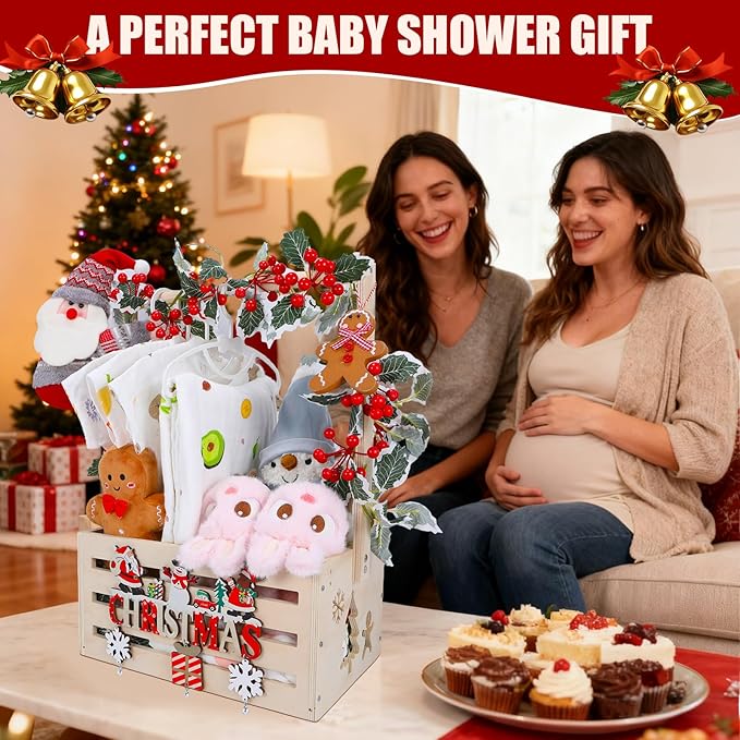 XIANMEI Christmas Wooden Baby Shower Crate Closet, Baby Basket With Artificial Wreath Garland & Accessories - Baby Shower Basket for Newborn Boys Girls, Pregnancy Gifts for New Parents