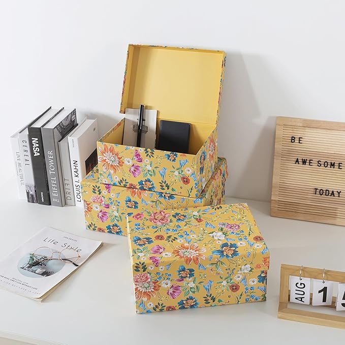 Soul & Lane Decorative Storage Boxes with Hinged Lids, Golden Bloom - Set of 3: Floral Memory Keepsake Boxes with Lids, Cardboard Photo Storage for Organizing, Home Décor, Gifts