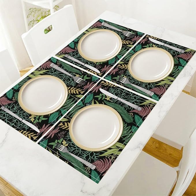 Leaf Placemats Set of 6, 17x12 Inch Vintage Natural Botanical Herbal Green Leaves Table Mats for Home Party Kitchen Dining Decor