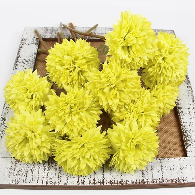 Tinsow 12 Pcs Artificial Flowers Faux Ball Chrysanthemum Bouquet Flowers Bridal Wedding Bouquet for Home Garden Party Wedding Decoration (12, Lemon Yellow)