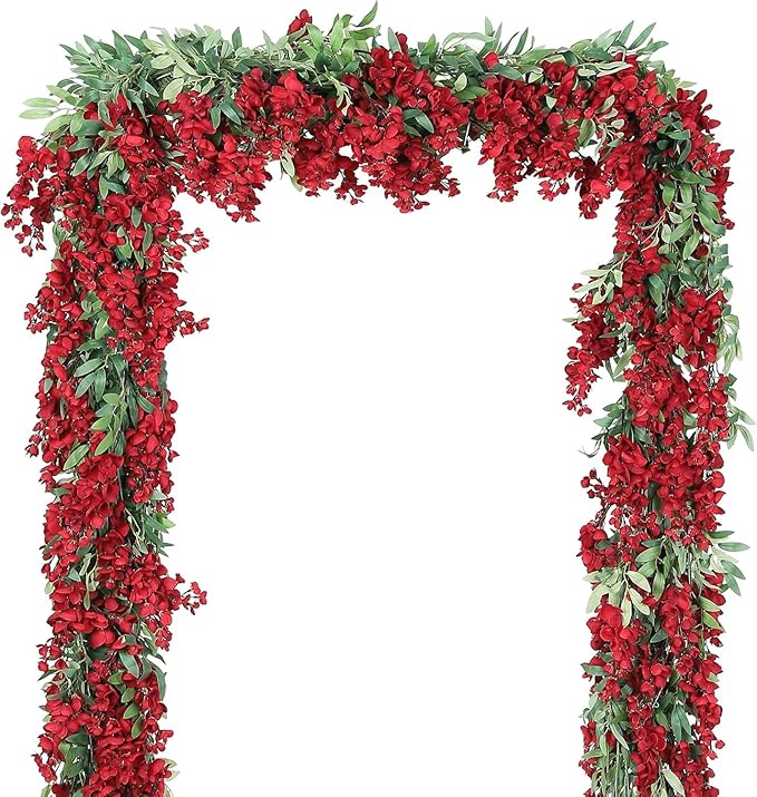 Duovlo 4Pcs 6.6Ft/Piece Imitation Silk Wisteria Garland Hanging Flower Vine for Home Outdoor Garden Ceremony Wedding Arch Floral Decor (Red)