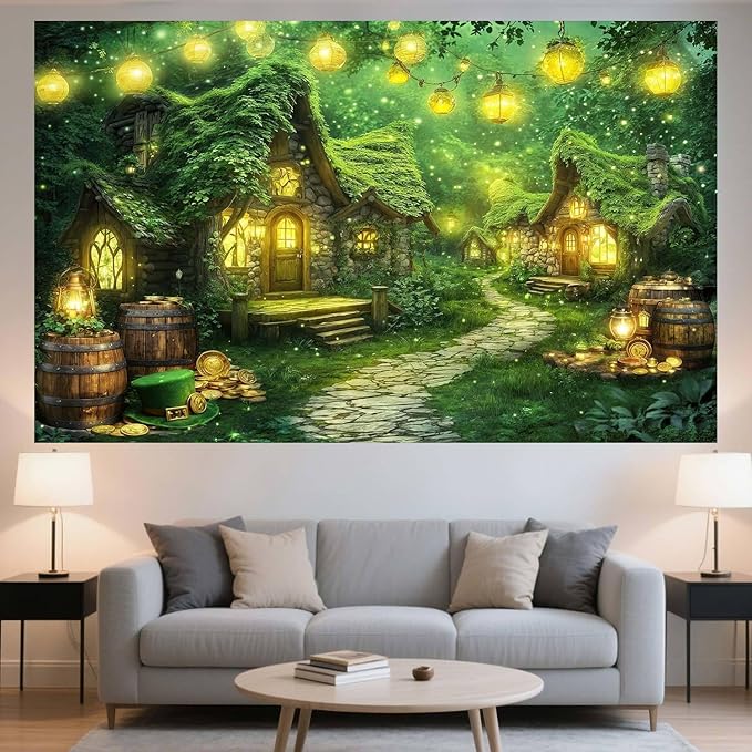 12X10ft St. Patrick's Day Backdrop Magic Enchanted Forest Green House Lucky Irish Shamrock Gold Coins Wonderland Photography Background for Kids Girls Party Decoration Cake Table Photo Booth Props