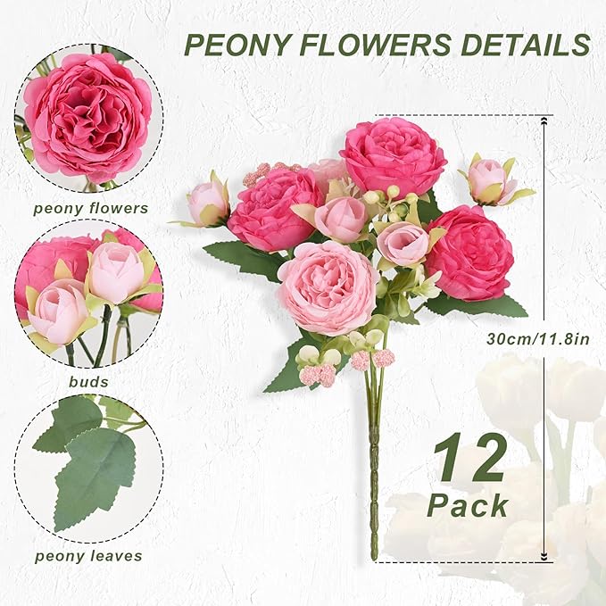 MARTINE MALL 12 Packs Peonies Artificial Flowers, Mixed Pink Artificial Peonies, Silk Peonies Flowers Fake Peonies Artificial Flowers Peonies Bouquet for Centerpiece Table Wedding Party Home Decor