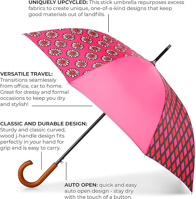 Totes Eco Auto Open Umbrella Classic Wooden J Stick Handle with Easy Grip - Windproof, Rainproof and Durable Canopy Design – Versatile Travel, Perfect for Rainy Days