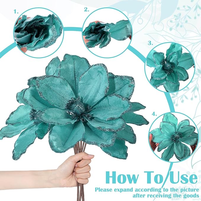 8 Pcs Large Christmas Flower Magnolia Flowers Christmas Tree Decoration Artificial Poinsettia Stems Velvet Xmas Ornaments for Xmas Tree Table Decor(Light Blue,12 Inch)