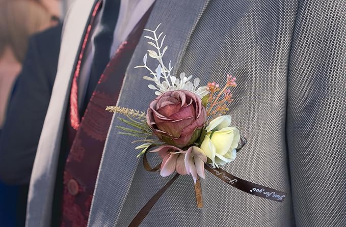 Corsage and Boutonniere Set Corsage Wistlet Dusty Red Corsage Wrist Artificial Flower Perfert for Proms | Weddings for Bride,Bridesmaids, Groom,Groomsmen Decor (Dusty Red)