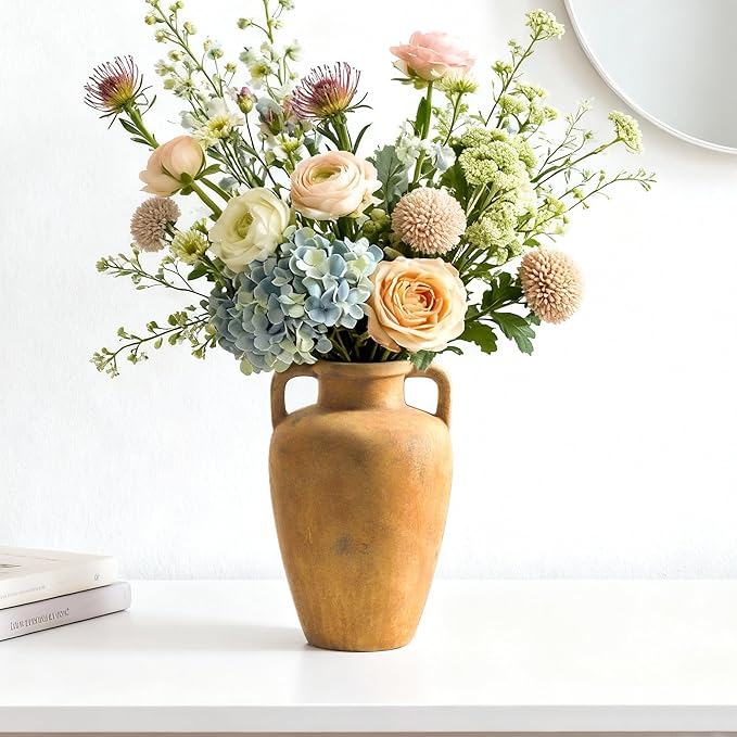 Ceramic Vase with Handle, 8.85 inch Tall Flower Vase for Centerpieces, Large Decorative Terracotta Vintage Vases, Farmhouse Rustic Vases for Home Decor, Living Room, Table, Neutral