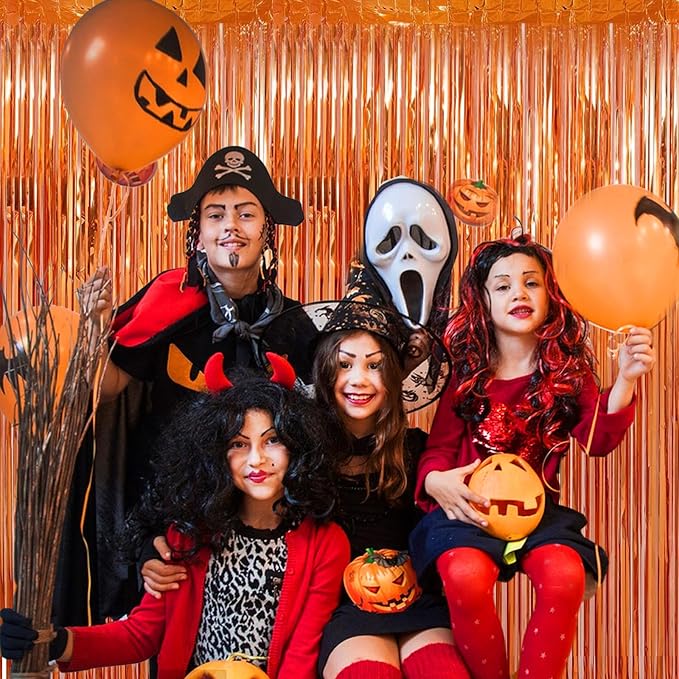 2 Pack 3.28 ft x 6.56 ft Orange Tinsel Curtain Party Backdrop Decorations, Metallic Foil Fringe Backdrop Door for Halloween, Christmas, Birthday Graduation Wedding Party Streamers Photo Backdrop.