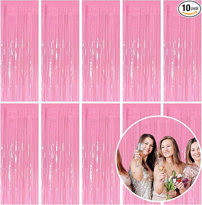 10 Pack Foil Curtain Pink Backdrop Streamers Metallic Tinsel Fringe Curtains Photo Booth Props for Birthday Wedding Engagement Bachelorette Christmas Holiday Celebration Party Decorations