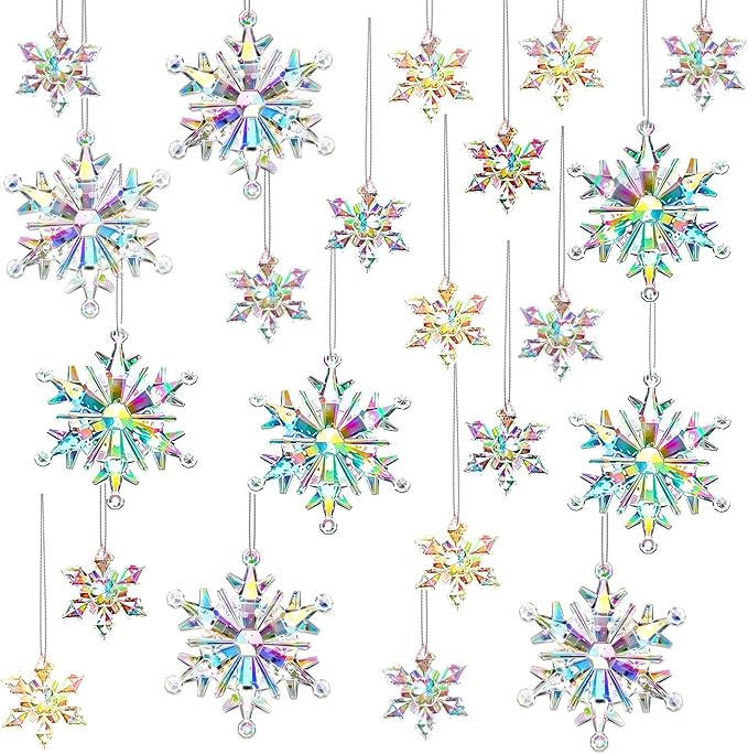 60Pcs Christmas Acrylic Snowflake Ornaments Winter 3D Translucent Snowflake Hanging Ornaments for Tree Crystal Iridescent Pendants with Rope for Holiday Party DIY Decor (Laser)