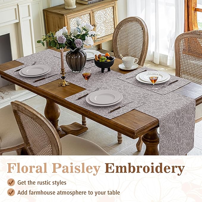HEAVYWOOD Boho Placemats Set of 4 Cloth Floral Place Mats Paisley Botanical Table Mats for Kitchen Dinning Farmhouse Rustic Washable Tablemats 14x18 Inch (Greyish, 4)