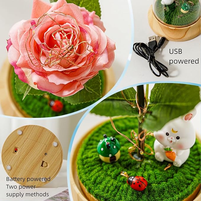 Pink Roses from Daughter for Mom Mothers Day, Beauty and The Beast Rose, with LED Light Up Rose in Dome, for Wife Grandma Christmas Day Valentine Day Birthday for Her Gift (1 Pink Rabbit)