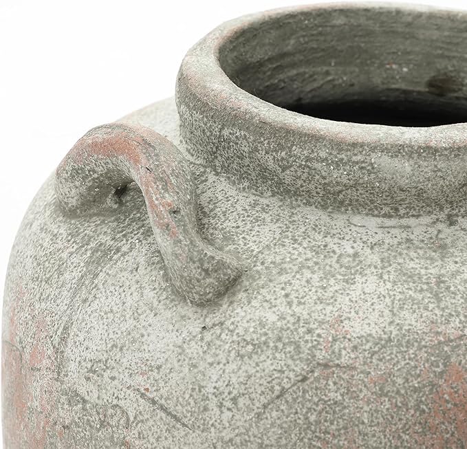 LuxenHome Rustic Ceramic Vase, 13.4" Tall Old-World Gray & Brown Round Terracotta Vases with Handles, Big Farmhouse Pottery for Dining Table Decor, Vintage Flower Vase for Living Room Home Decor