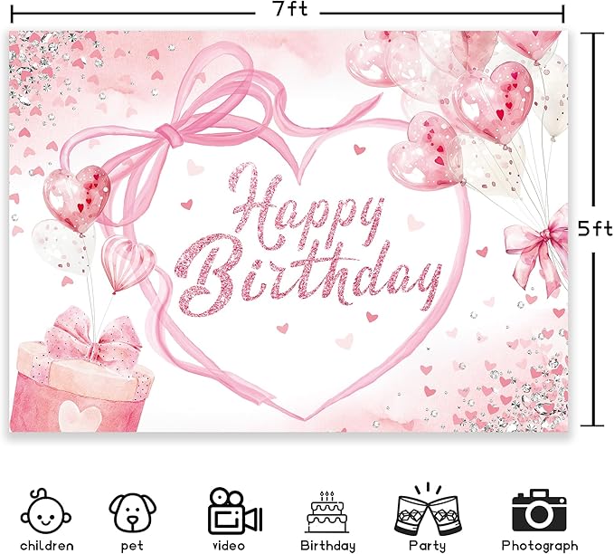 Pink Bow Birthday Party Decorations Backdrop 7Wx5H Photography Coquette Birthday Decorations for Girl Happy Birthday Backdrop for Women Bachelorette Party Banner Photo Booth Props Supplies