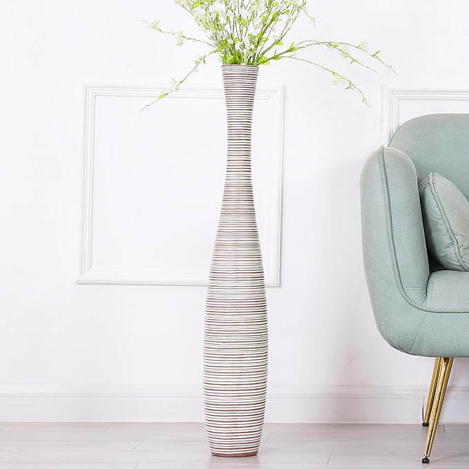 Leewadee Decorative Tall Floor Vase for Living Room Decor, 34 inches, White Wash, Resin