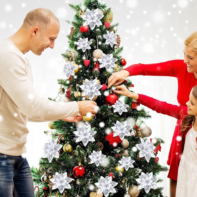 24 Christmas Glitter Artificial Poinsettia Flowers Xmas Poinsettia Artificial Wedding Flowers Decorations Xmas Tree Ornaments with Clips for Party Favors, 6 Inch, 4 Inch, 3 Inch (Silver and White)
