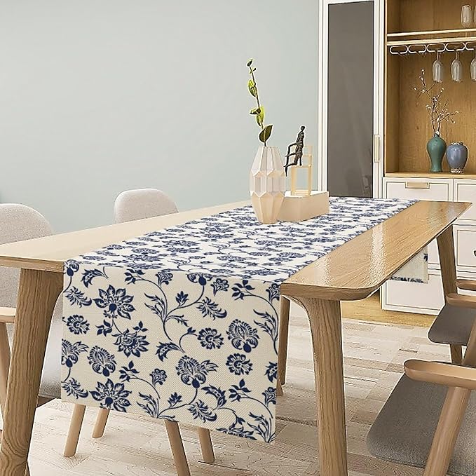 Boho Floral Table Runner, Navy Blue Paisley Flower Traditional Porcelain Vintage Decor Table Runner for Kitchen Dining Party, 13x120 Inch