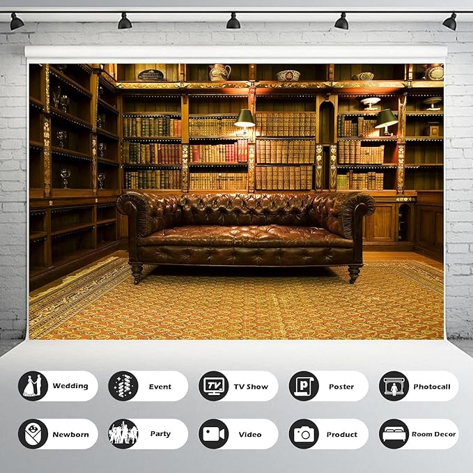 Library Backdrop Vintage Luxury Old School Library Bookshelf Collection Photography Background Business Room with Leather Sofa Book Shelf Wallpaper Decorations for Adult Photos Prop 8x6ft